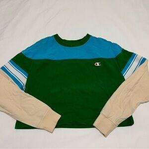 Champion 90s Cropped Vintage Green and Blue Long Sleeve Shirt